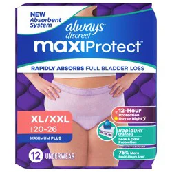 Always Discreet MaxiProtect Adult Diapers for Women, Maximum Plus Incontinence Underwear XL/XXL, 12 ct