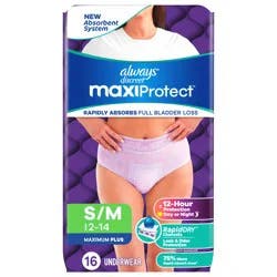 Always Discreet MaxiProtect, Reimagined Adult Diapers for Women, Maximum Plus Incontinence Underwear S/M, 16 CT