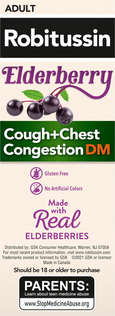 slide 5 of 13, Robitussin Maximum Strength Elderberry Cough + Chest Congestion DM, Non Drowsy Liquid Cough Suppressant for Adults - 8 Fl Oz, 8 fl oz