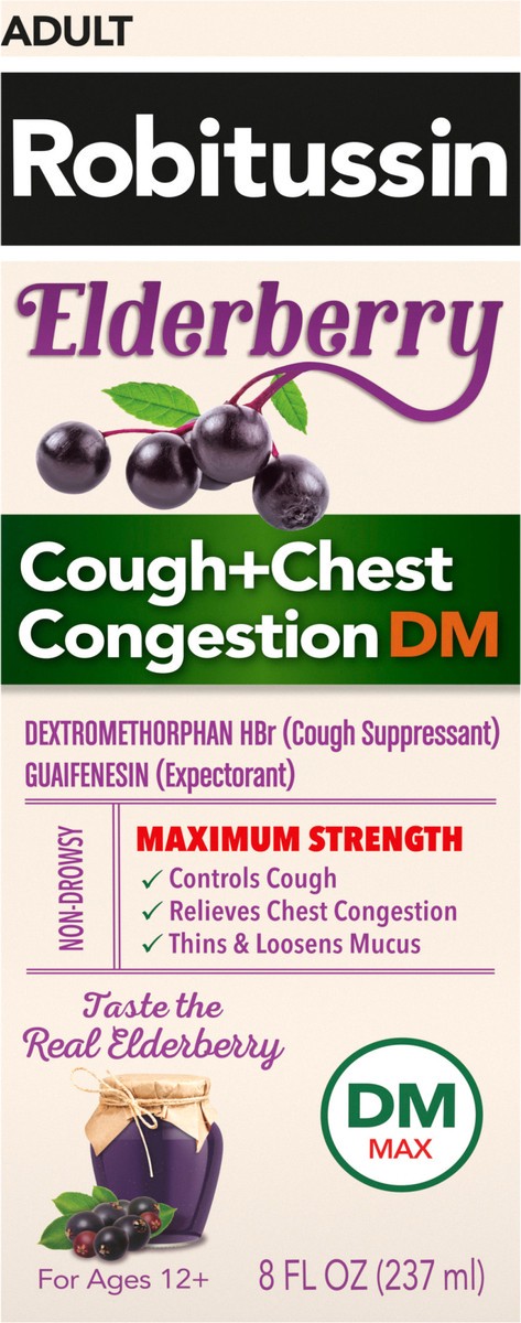 slide 13 of 13, Robitussin Maximum Strength Elderberry Cough + Chest Congestion DM, Non Drowsy Liquid Cough Suppressant for Adults - 8 Fl Oz, 8 fl oz