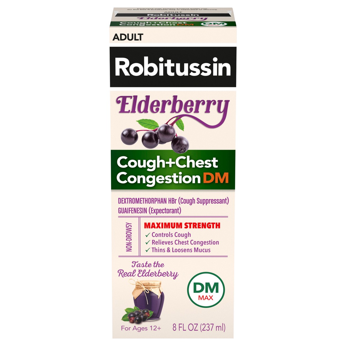 slide 12 of 13, Robitussin Maximum Strength Elderberry Cough + Chest Congestion DM, Non Drowsy Liquid Cough Suppressant for Adults - 8 Fl Oz, 8 fl oz