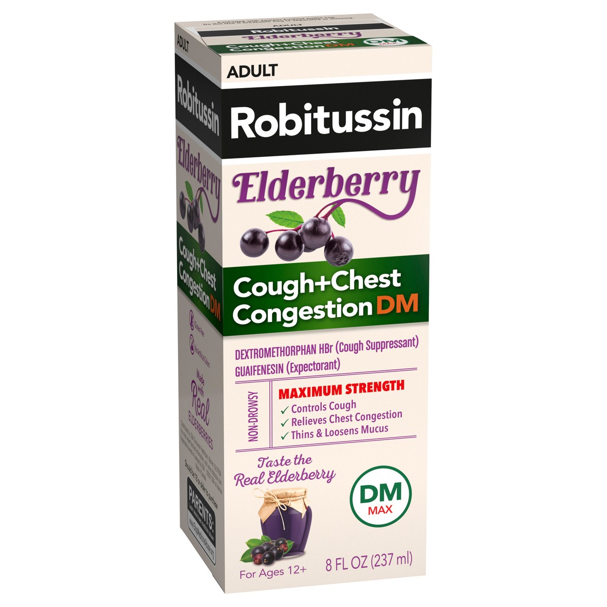 slide 7 of 13, Robitussin Maximum Strength Elderberry Cough + Chest Congestion DM, Non Drowsy Liquid Cough Suppressant for Adults - 8 Fl Oz, 8 fl oz