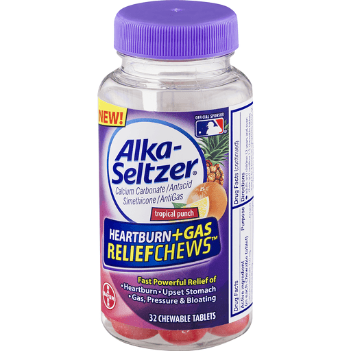 slide 3 of 9, Alka-Seltzer Antacid Heartburn + Gas Relief Chews Tropical Punch, 32 ct