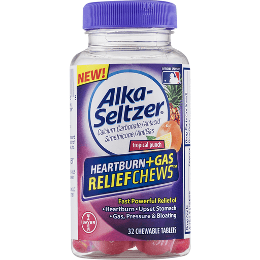 slide 4 of 9, Alka-Seltzer Antacid Heartburn + Gas Relief Chews Tropical Punch, 32 ct