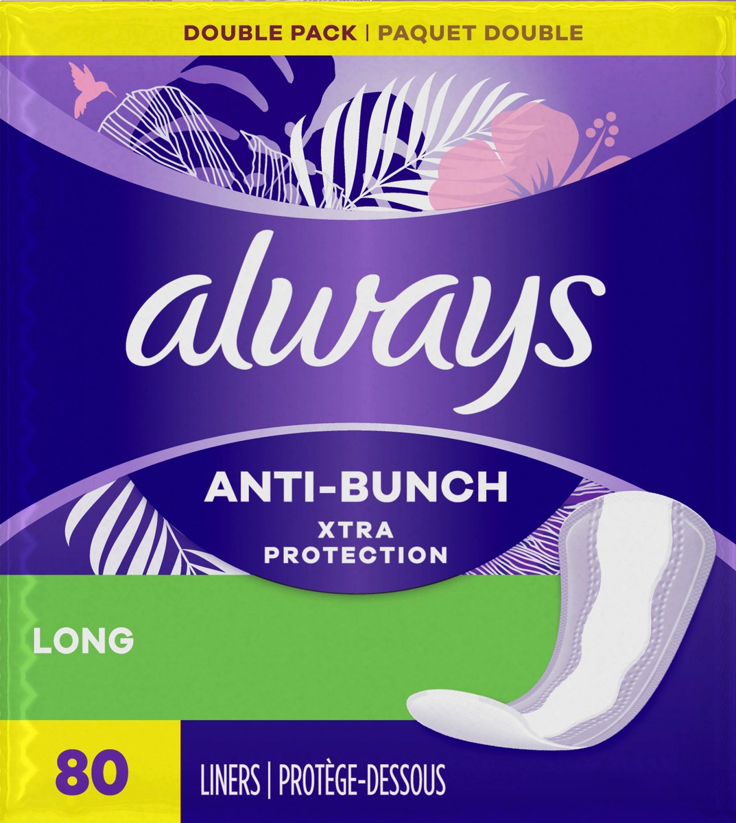 slide 2 of 8, Always Anti-Bunch Xtra Protection Daily Liners, Long Length, Unscented, 80 Count, 80 ct