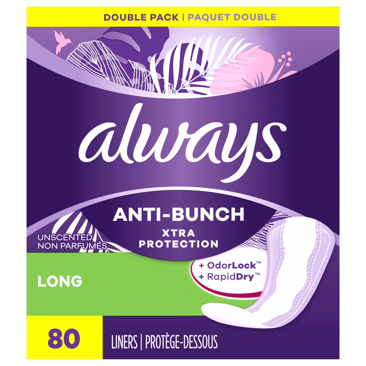 slide 1 of 8, Always Anti-Bunch Xtra Protection Daily Liners, Long Length, Unscented, 80 Count, 80 ct