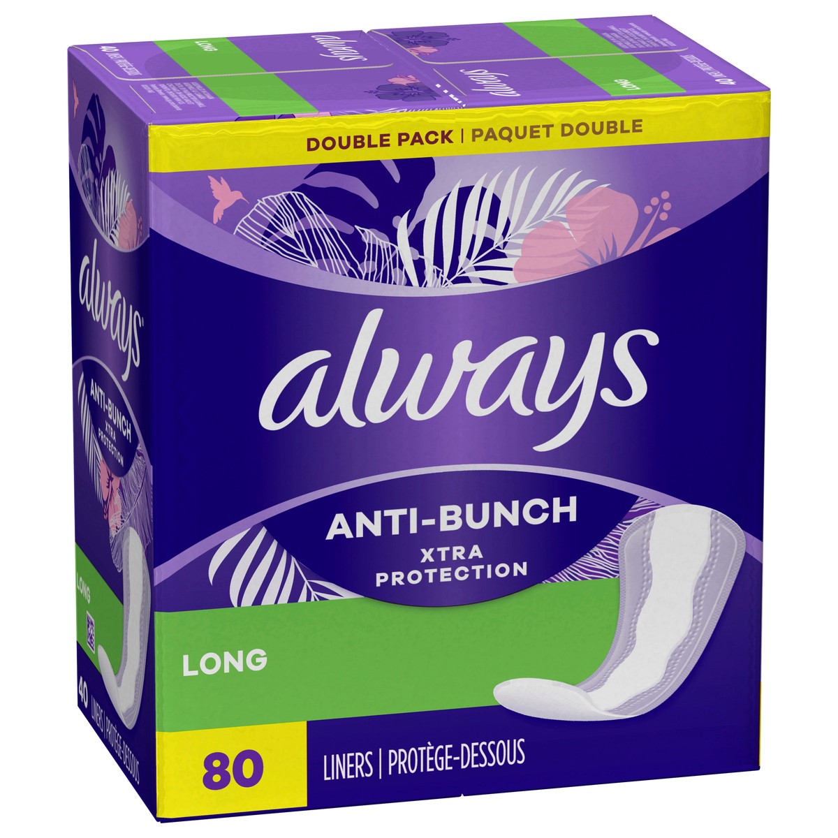 slide 5 of 8, Always Anti-Bunch Xtra Protection Daily Liners, Long Length, Unscented, 80 Count, 80 ct