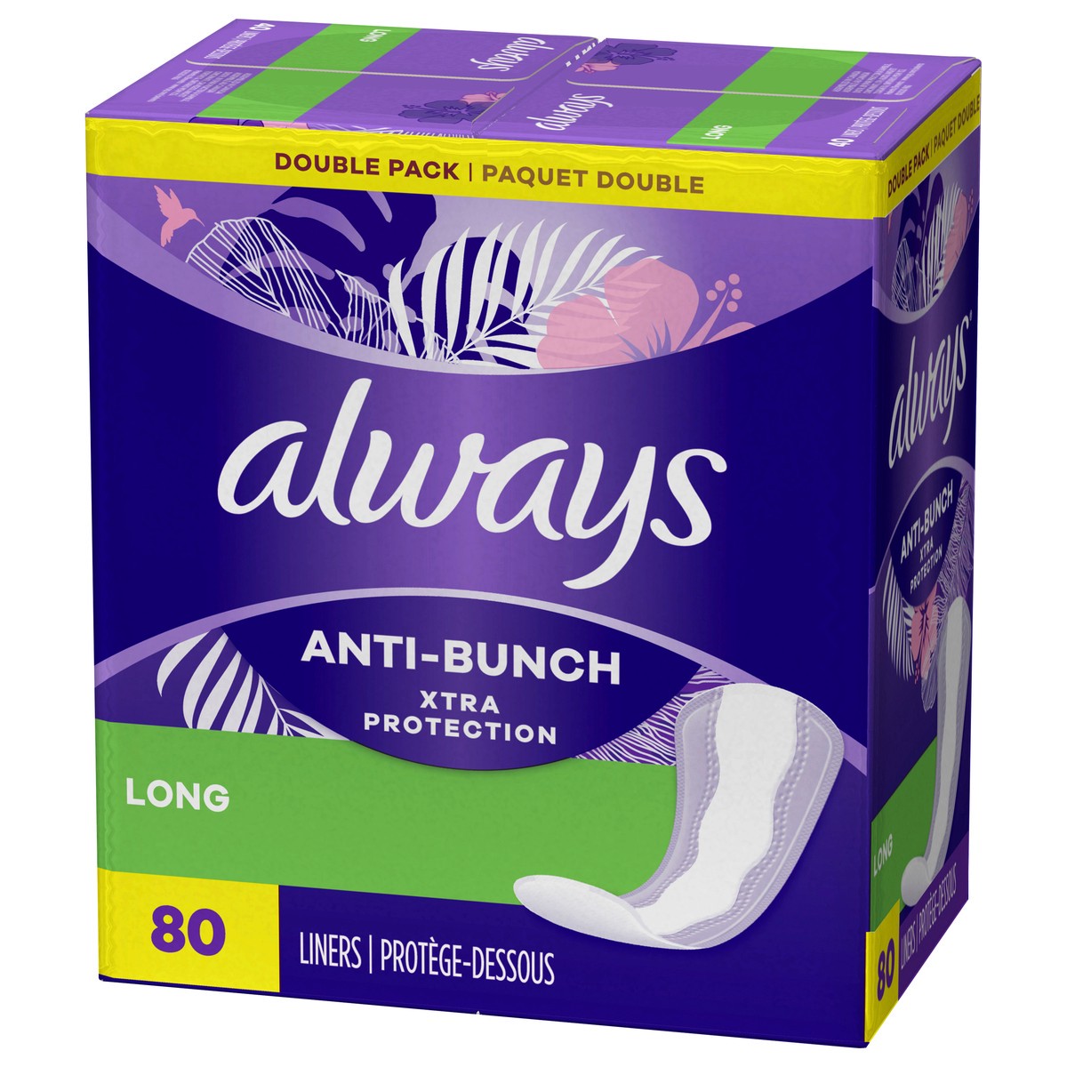 slide 8 of 8, Always Anti-Bunch Xtra Protection Daily Liners, Long Length, Unscented, 80 Count, 80 ct