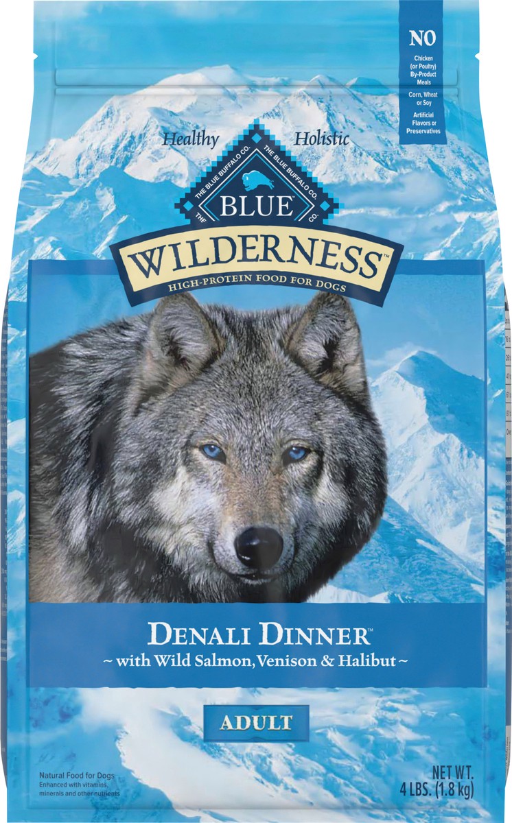 slide 11 of 13, Blue Buffalo Wilderness Denali Dinner High Protein, Natural Dry Dog Food with Wild Salmon, Venison & Halibut 4-lb, 4 lb