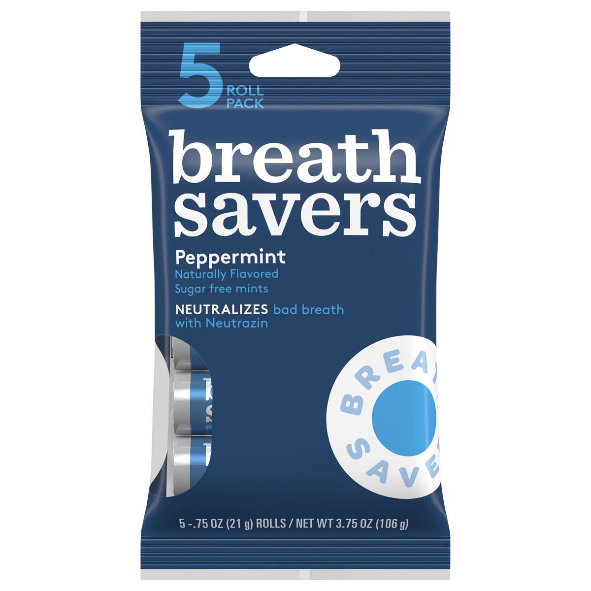 slide 1 of 7, BREATH SAVERS Peppermint Flavored Sugar Free Breath Mints Rolls, 0.75 oz (5 Count), 0.75 oz
