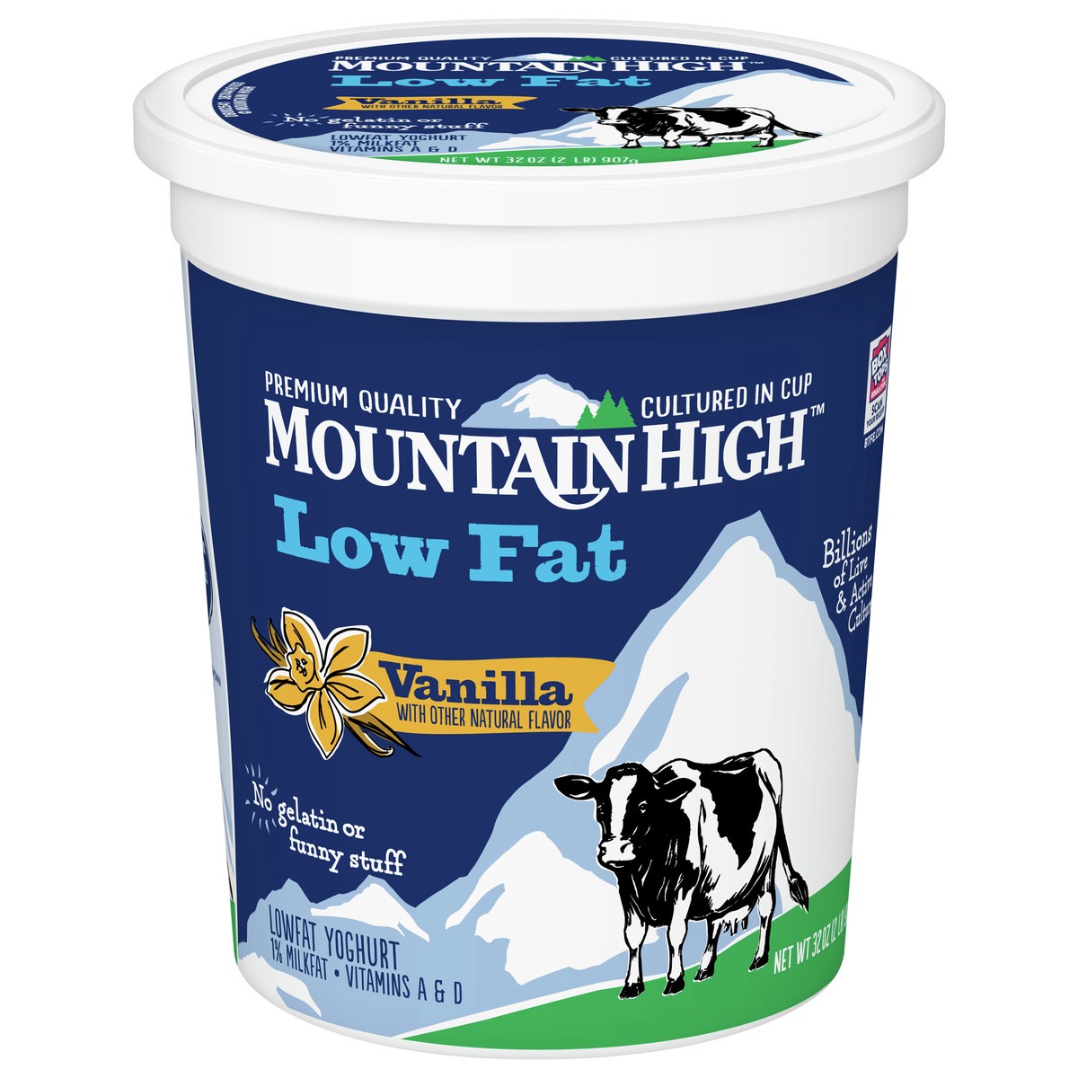 slide 1 of 9, Mountain High, Low Fat Yogurt, Vanilla, Gluten Free Snacks, 32 OZ Yogurt Container, 32 oz