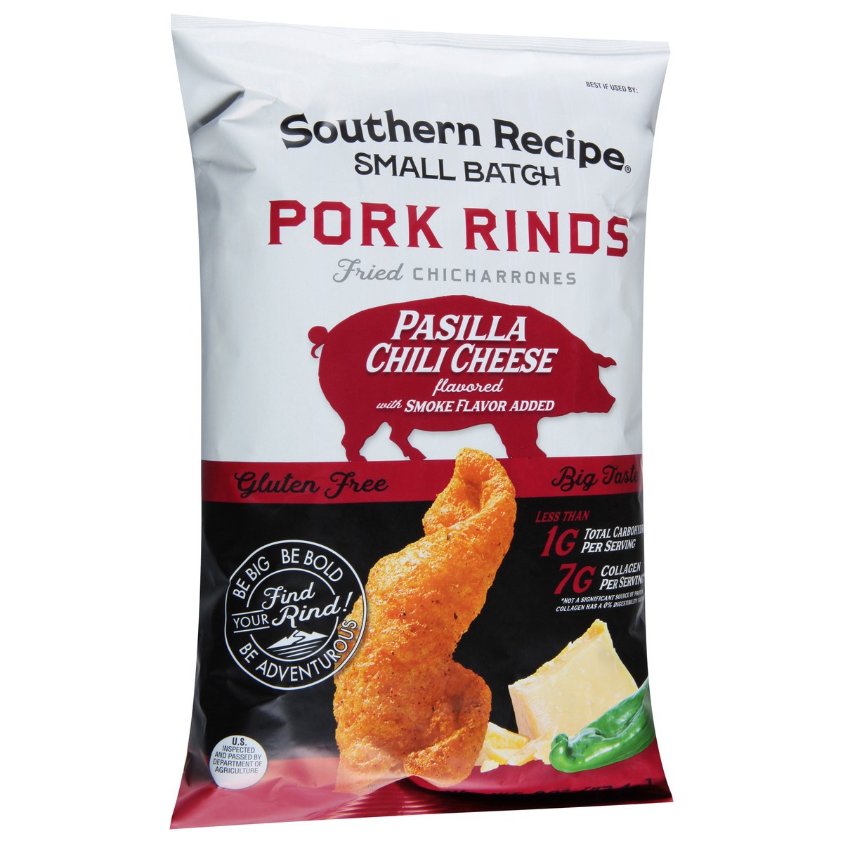 slide 2 of 9, Southern Recipe Small Batch Southern Recipe Pasilla Chili Cheese Flavored Pork Rinds, 4 oz