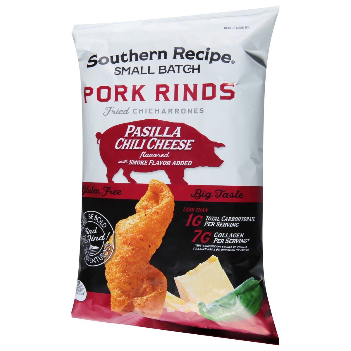 slide 3 of 9, Southern Recipe Small Batch Southern Recipe Pasilla Chili Cheese Flavored Pork Rinds, 4 oz