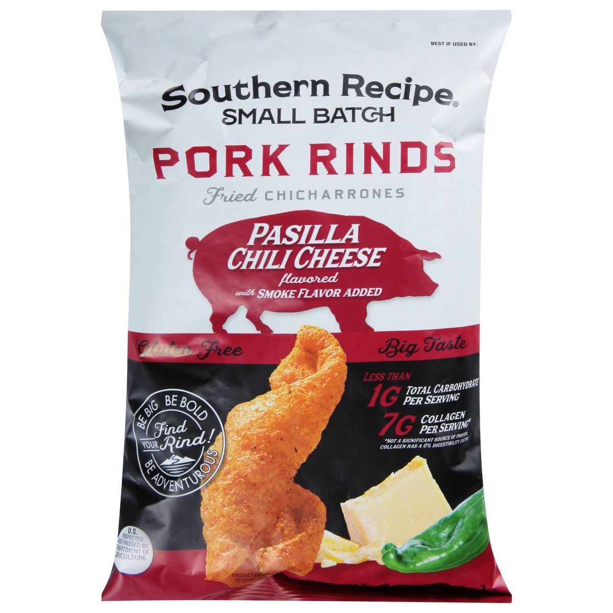 slide 1 of 9, Southern Recipe Small Batch Southern Recipe Pasilla Chili Cheese Flavored Pork Rinds, 4 oz