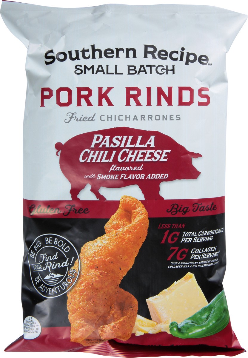 slide 6 of 9, Southern Recipe Small Batch Southern Recipe Pasilla Chili Cheese Flavored Pork Rinds, 4 oz