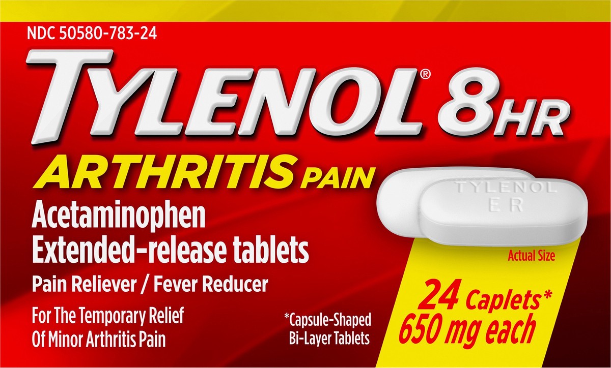 slide 3 of 4, Tylenol 8 Hour Arthritis Pain Relief Extended-Release Tablets, 650 mg Acetaminophen, Joint Pain Reliever & Fever Reducer Medicine, Oral Pain Reliever for Arthritis & Joint Pain, 24 Count, 24 ct