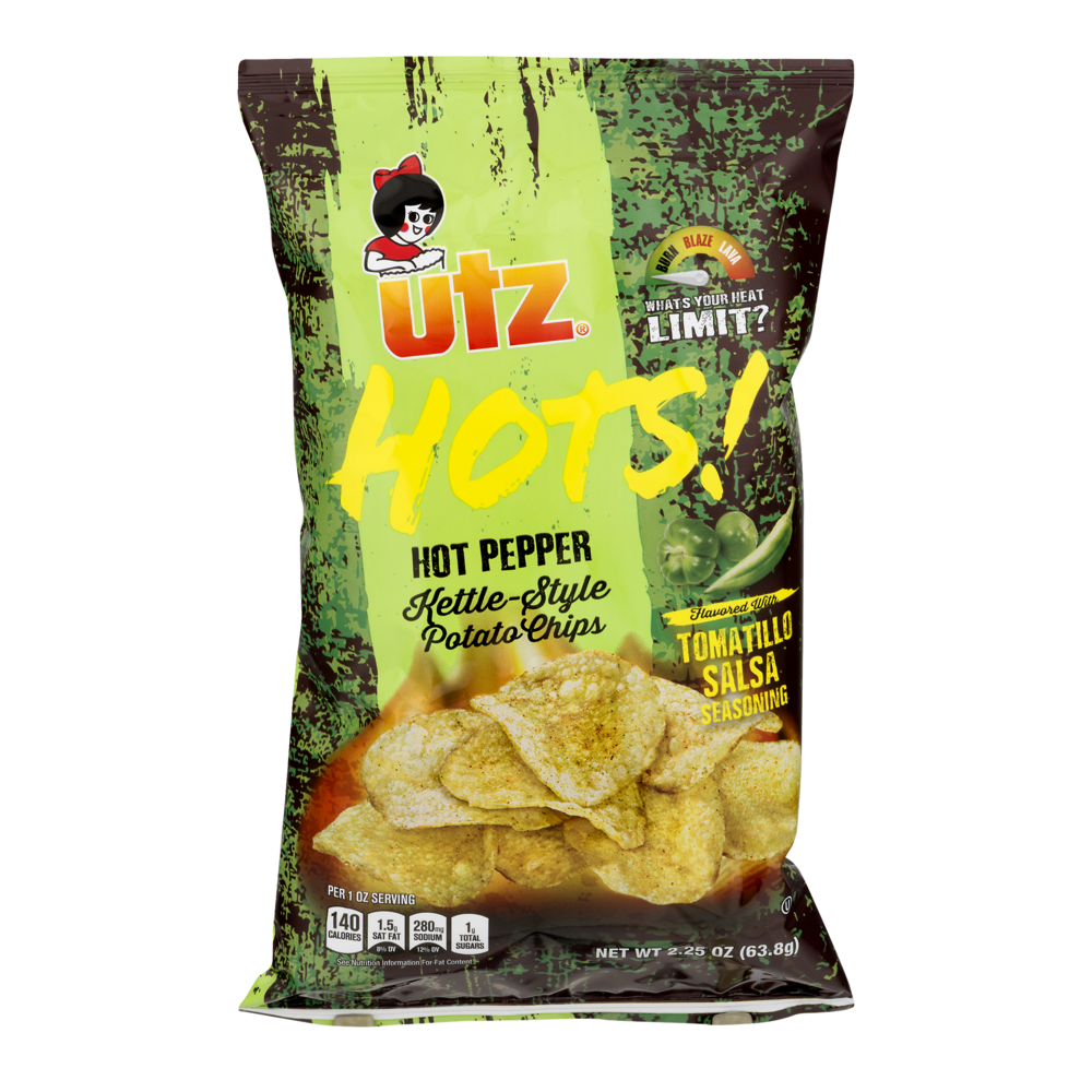 slide 1 of 1, Utz Hots Tomatilla Salsa Kettle Pot Chips, 2.25 oz