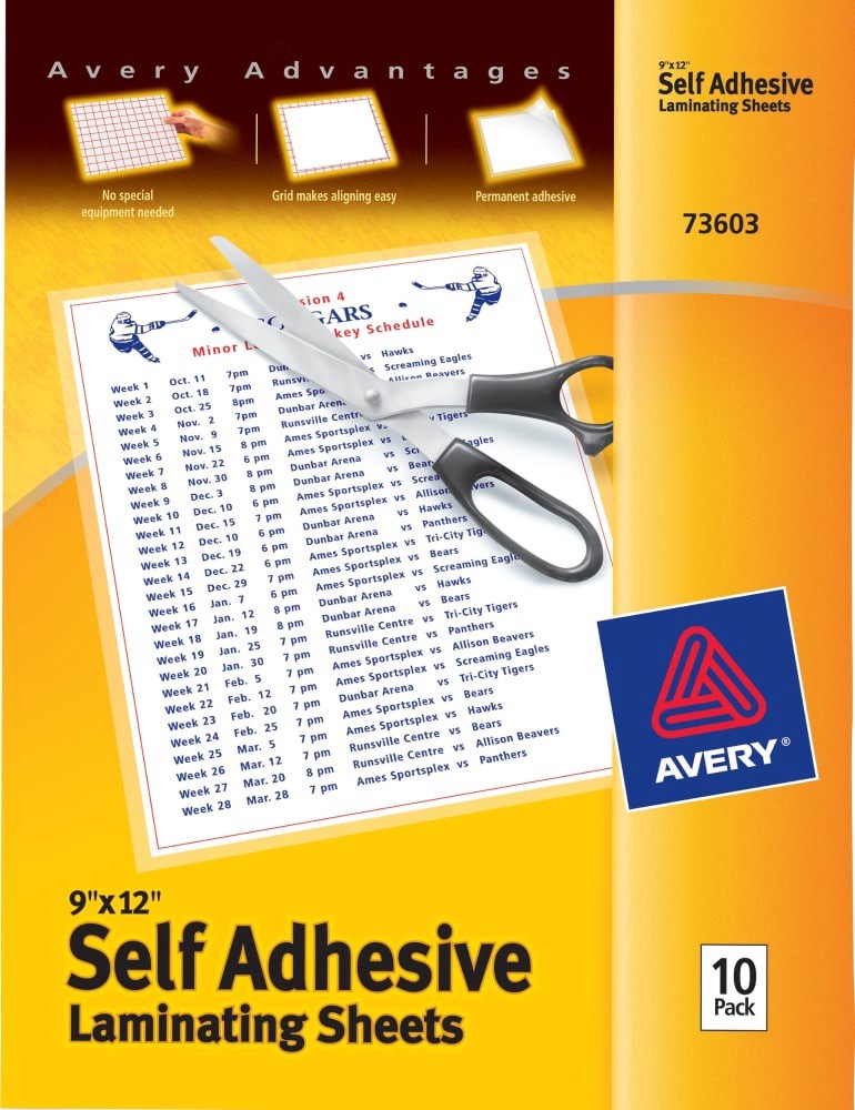 slide 1 of 1, Avery Self Adhesive Laminating Sheets - 10 Pack, 9 in x 12 in