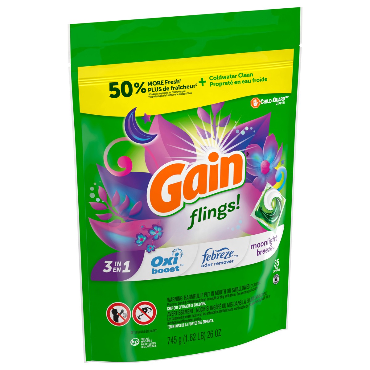 slide 2 of 4, Gain flings! Liquid Laundry Detergent Soap Pacs, HE Compatible, 35 Count, Long Lasting Scent, Moonlight Breeze Scent, 35 ct
