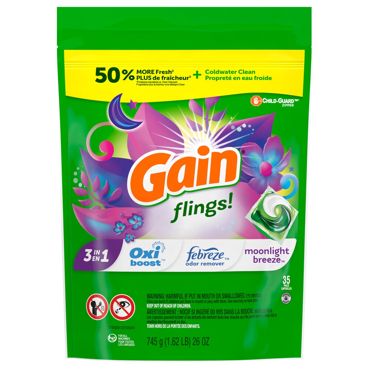 slide 1 of 4, Gain flings! Liquid Laundry Detergent Soap Pacs, HE Compatible, 35 Count, Long Lasting Scent, Moonlight Breeze Scent, 35 ct