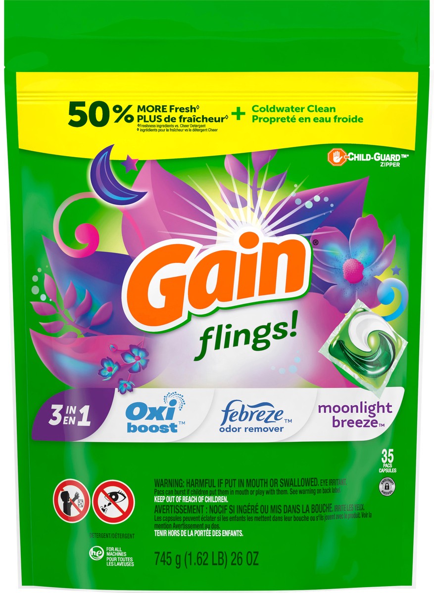 slide 1 of 4, Gain flings! Liquid Laundry Detergent Soap Pacs, HE Compatible, 35 Count, Long Lasting Scent, Moonlight Breeze Scent, 35 ct