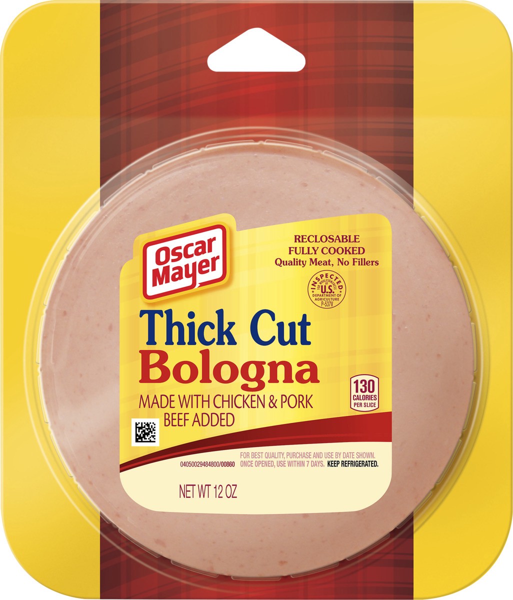 slide 2 of 2, Oscar Mayer Thick Cut Bologna made with chicken & pork, beef added Sliced Lunch Meat, 12 oz. Pack, 12 oz