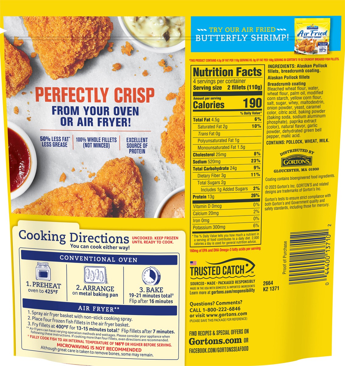 slide 3 of 3, Gorton's Gorton''s Air Fried Fish, Whole Fish Fillets, Wild Caught Fish, Frozen, 8 Count, 15.2 Ounce Resealable Bag, 8 ct