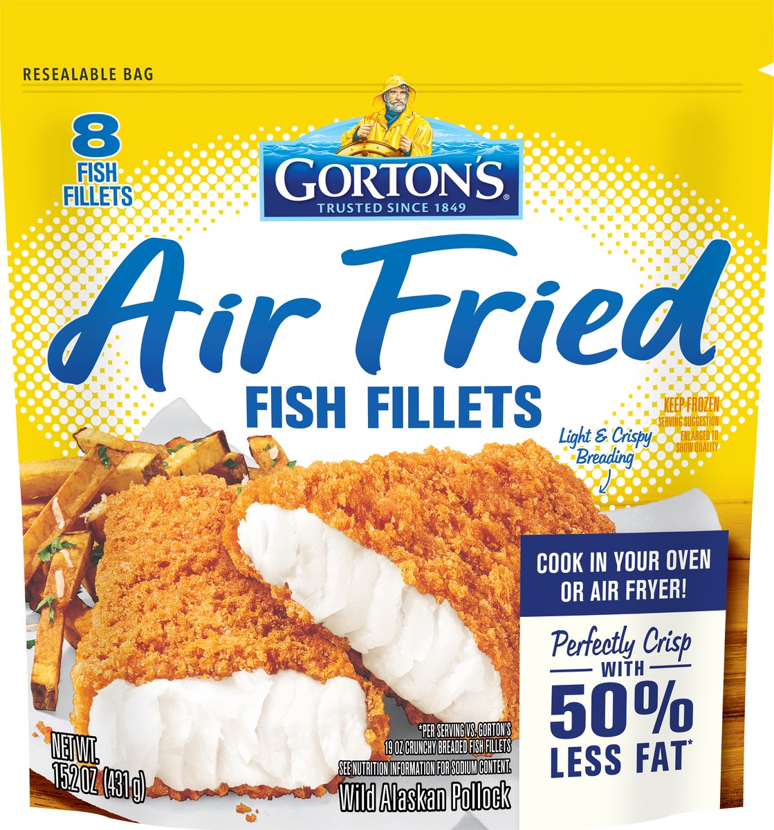 slide 2 of 3, Gorton's Gorton''s Air Fried Fish, Whole Fish Fillets, Wild Caught Fish, Frozen, 8 Count, 15.2 Ounce Resealable Bag, 8 ct
