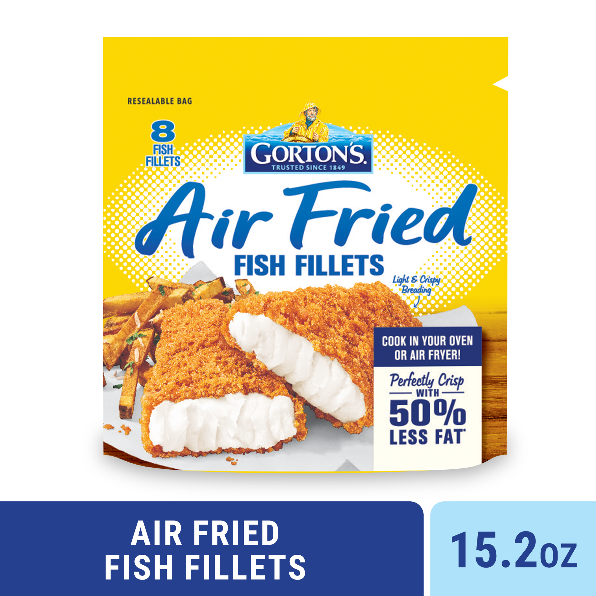 slide 1 of 3, Gorton's Gorton''s Air Fried Fish, Whole Fish Fillets, Wild Caught Fish, Frozen, 8 Count, 15.2 Ounce Resealable Bag, 8 ct