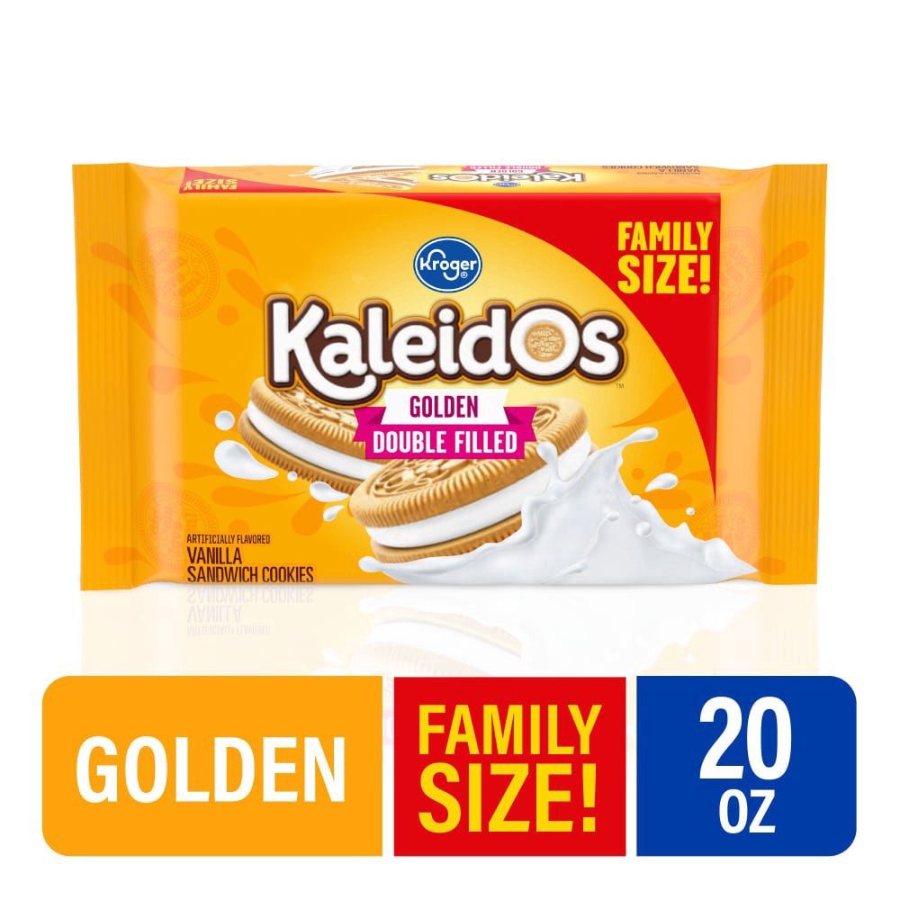 slide 1 of 4, Kroger Kaleidos Golden Double Filled Vanilla Cream Sandwich Cookies, 20 oz