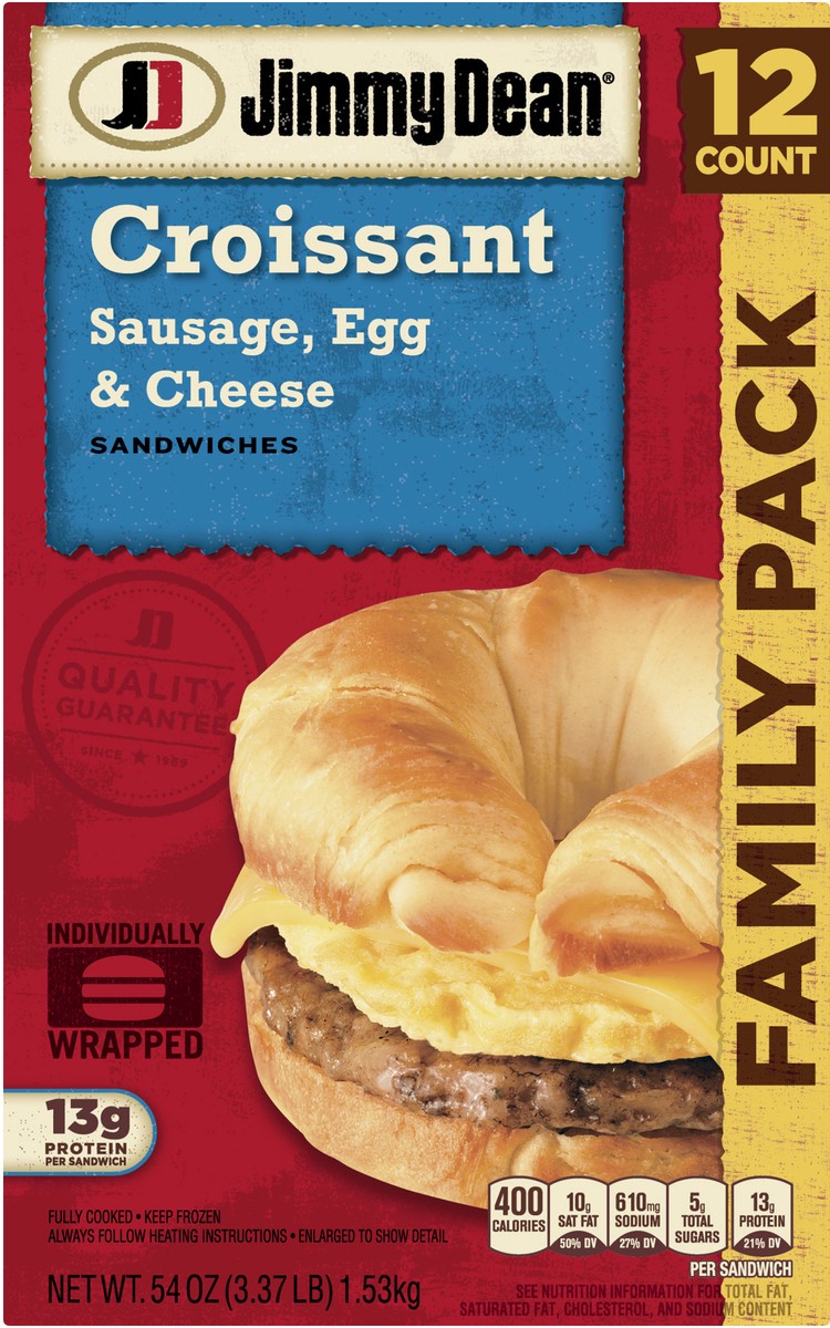 slide 4 of 8, Jimmy Dean Croissant Breakfast Sandwiches with Sausage, Egg, and Cheese, Frozen, 12 Count, 12 ct