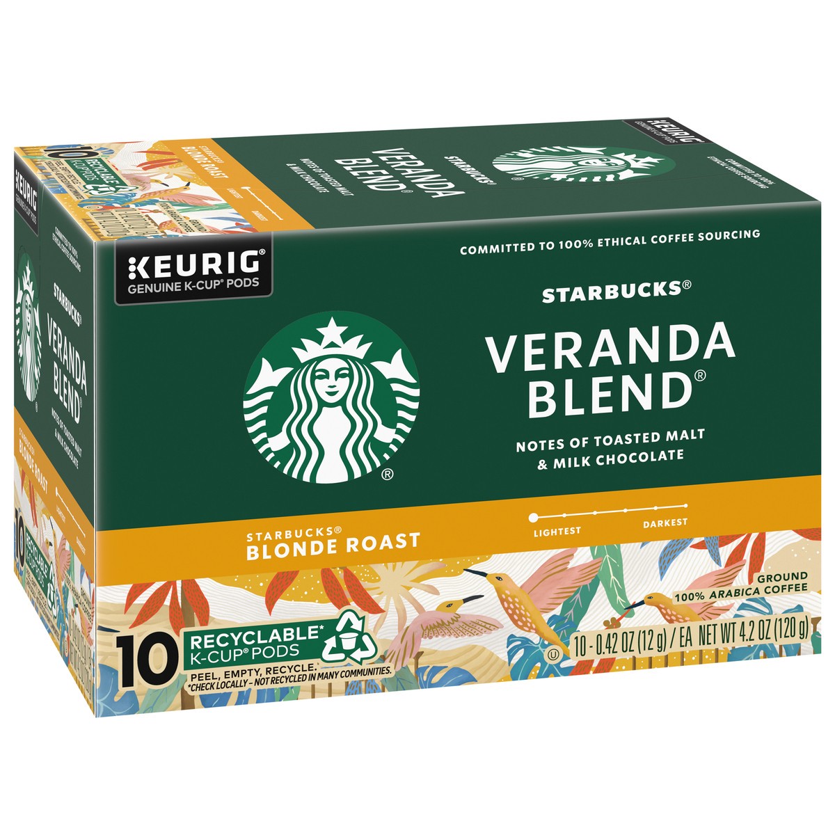 slide 7 of 14, Starbucks K-Cup Coffee Pods, Starbucks Blonde Roast Coffee, Veranda Blend, 100% Arabica, 1 box (10 pods), 4.2 oz