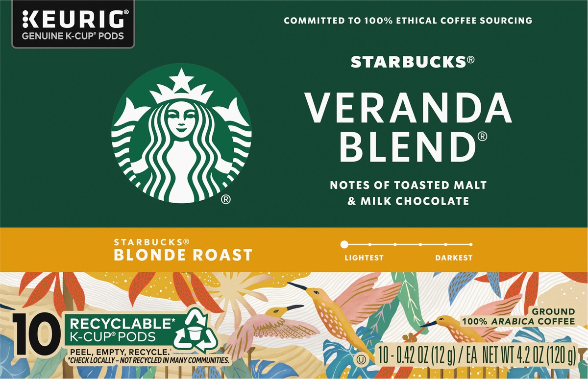 slide 12 of 14, Starbucks K-Cup Coffee Pods, Starbucks Blonde Roast Coffee, Veranda Blend, 100% Arabica, 1 box (10 pods), 4.2 oz