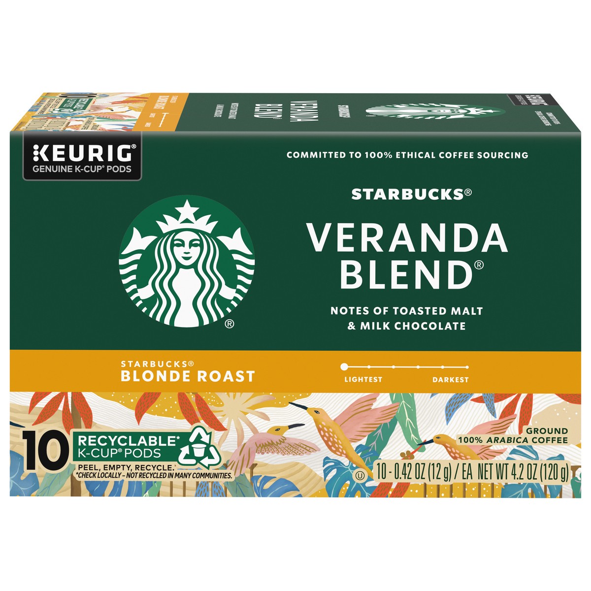 slide 2 of 14, Starbucks K-Cup Coffee Pods, Starbucks Blonde Roast Coffee, Veranda Blend, 100% Arabica, 1 box (10 pods), 4.2 oz