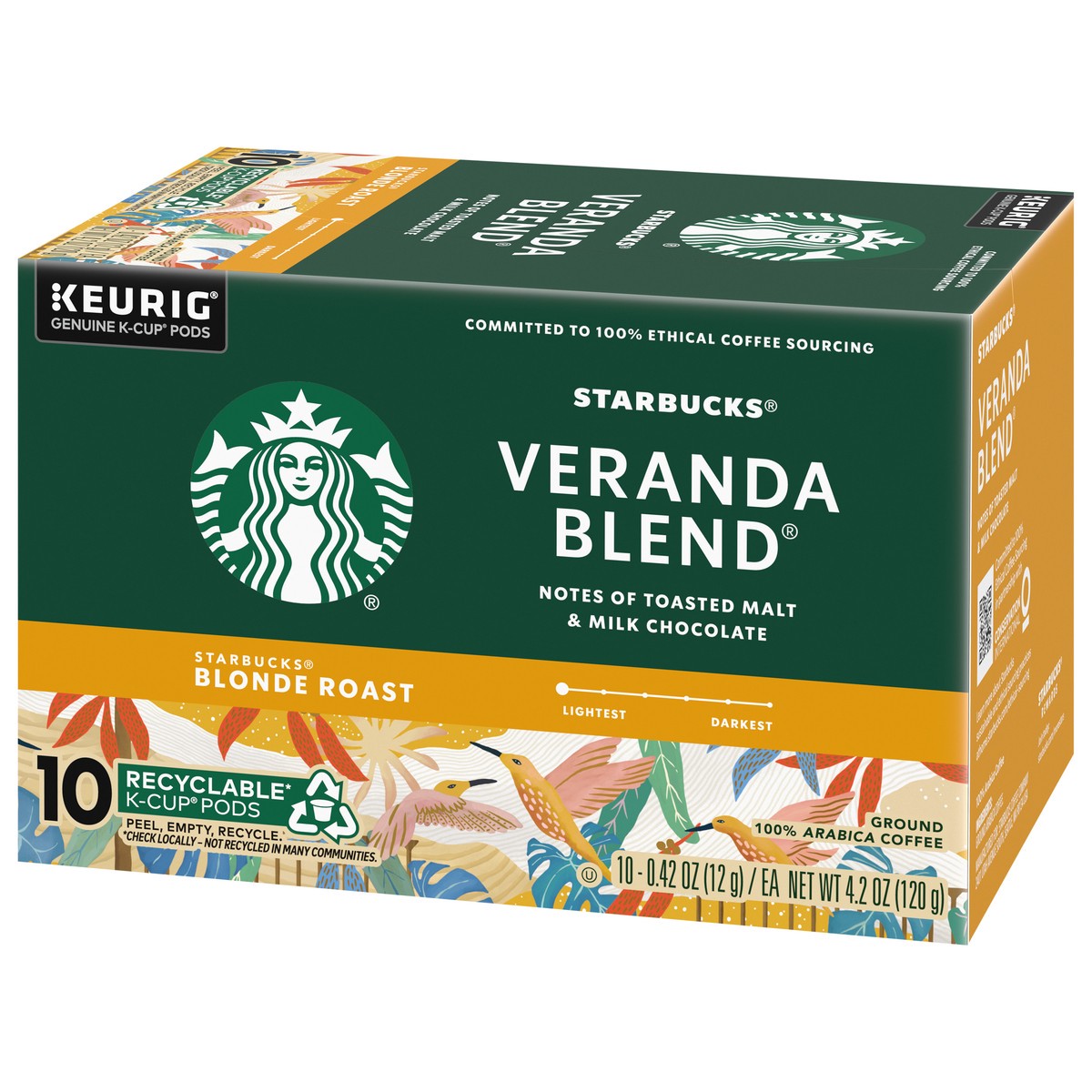 slide 6 of 14, Starbucks K-Cup Coffee Pods, Starbucks Blonde Roast Coffee, Veranda Blend, 100% Arabica, 1 box (10 pods), 4.2 oz