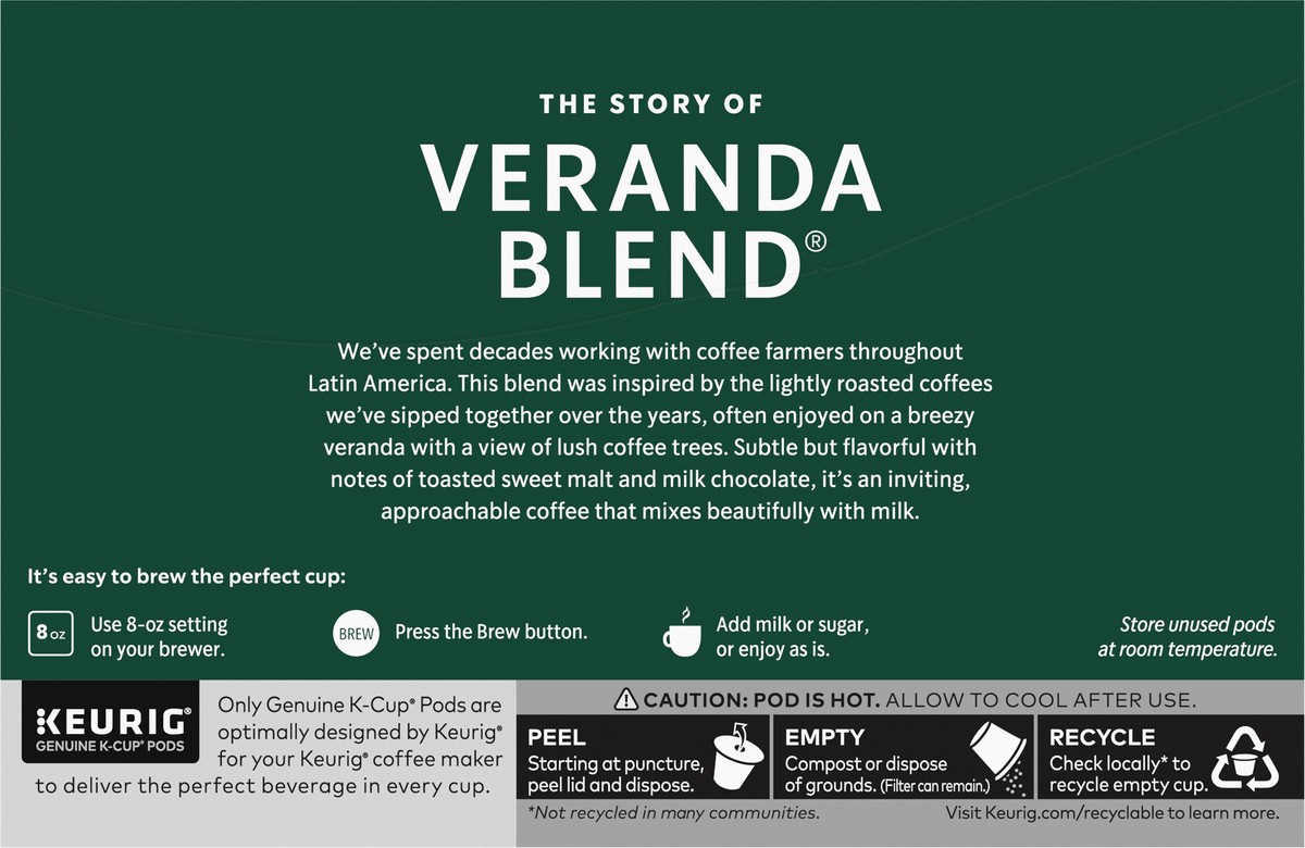 slide 10 of 14, Starbucks K-Cup Coffee Pods, Starbucks Blonde Roast Coffee, Veranda Blend, 100% Arabica, 1 box (10 pods), 4.2 oz