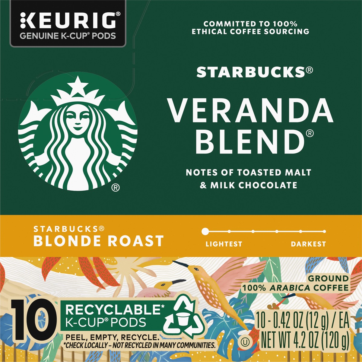 slide 11 of 14, Starbucks K-Cup Coffee Pods, Starbucks Blonde Roast Coffee, Veranda Blend, 100% Arabica, 1 box (10 pods), 4.2 oz