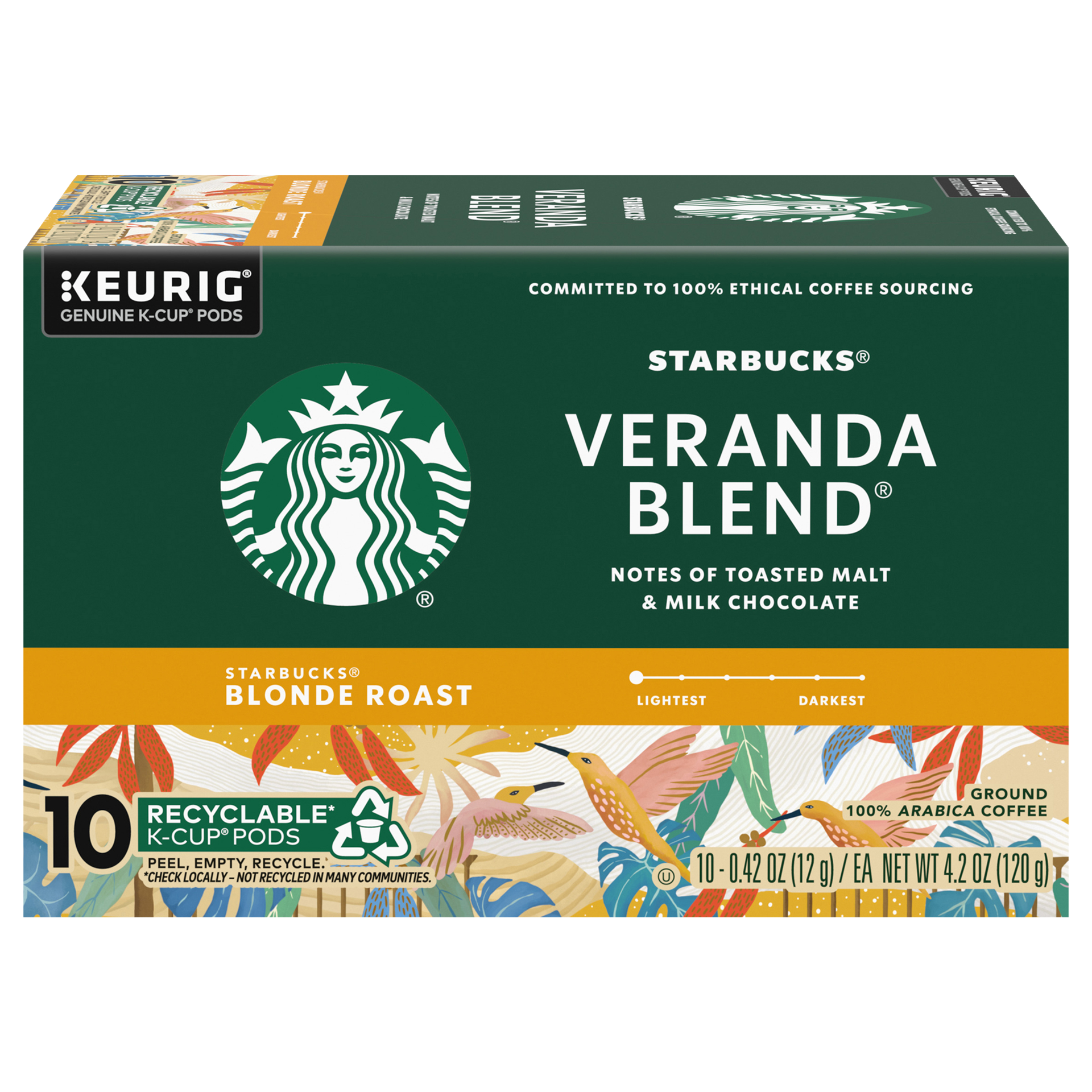 slide 1 of 14, Starbucks K-Cup Coffee Pods, Starbucks Blonde Roast Coffee, Veranda Blend, 100% Arabica, 1 box (10 pods), 4.2 oz