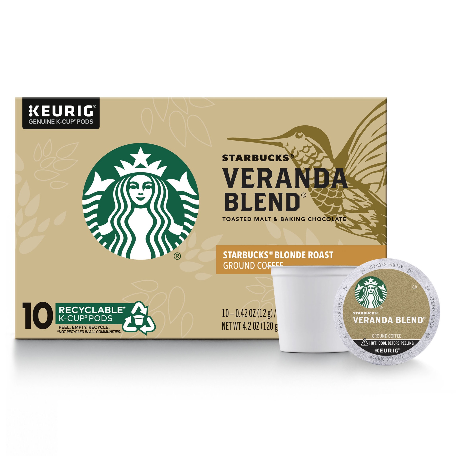 slide 1 of 7, Starbucks Blonde Roast K-Cup Coffee Pods, Veranda Blend for Keurig Brewers, 10 ct