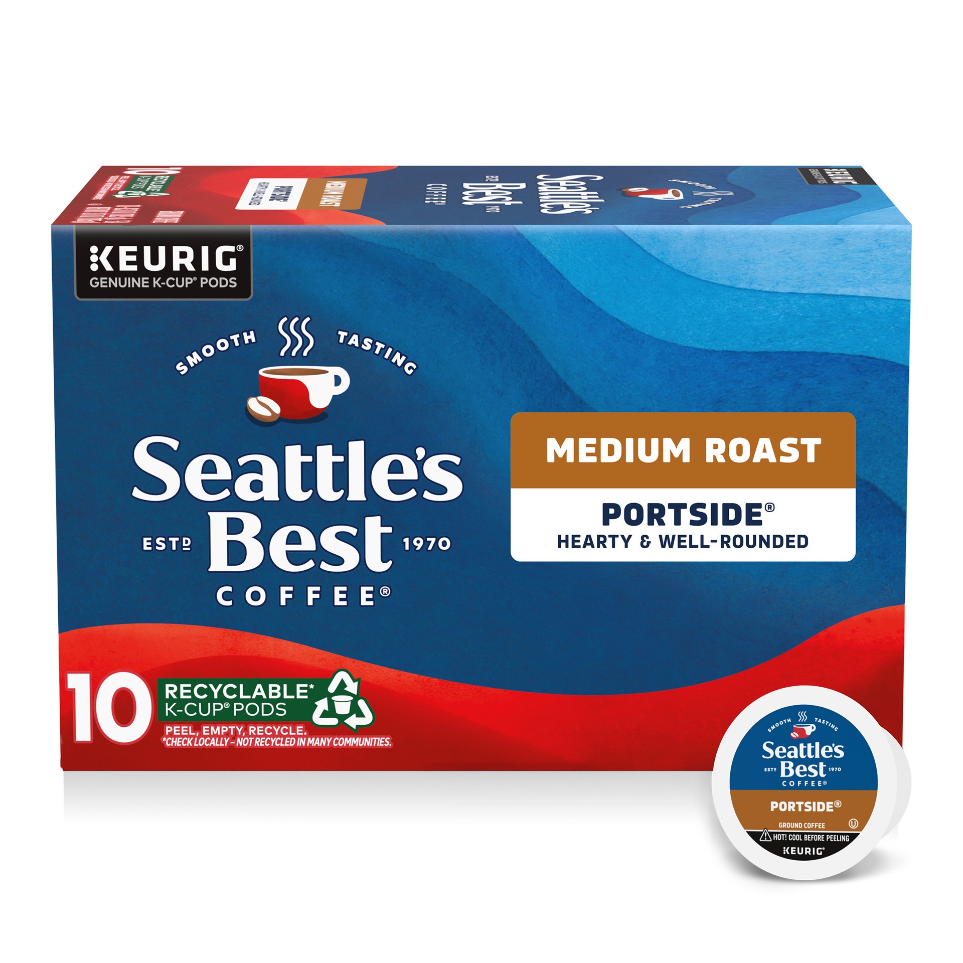 slide 1 of 9, Seattle's Best Coffee Seattle''s Best Coffee, Medium Roast K-Cup Coffee Pods, Portside, 100% Arabica, 1 Box (10 Pods), 10 ct