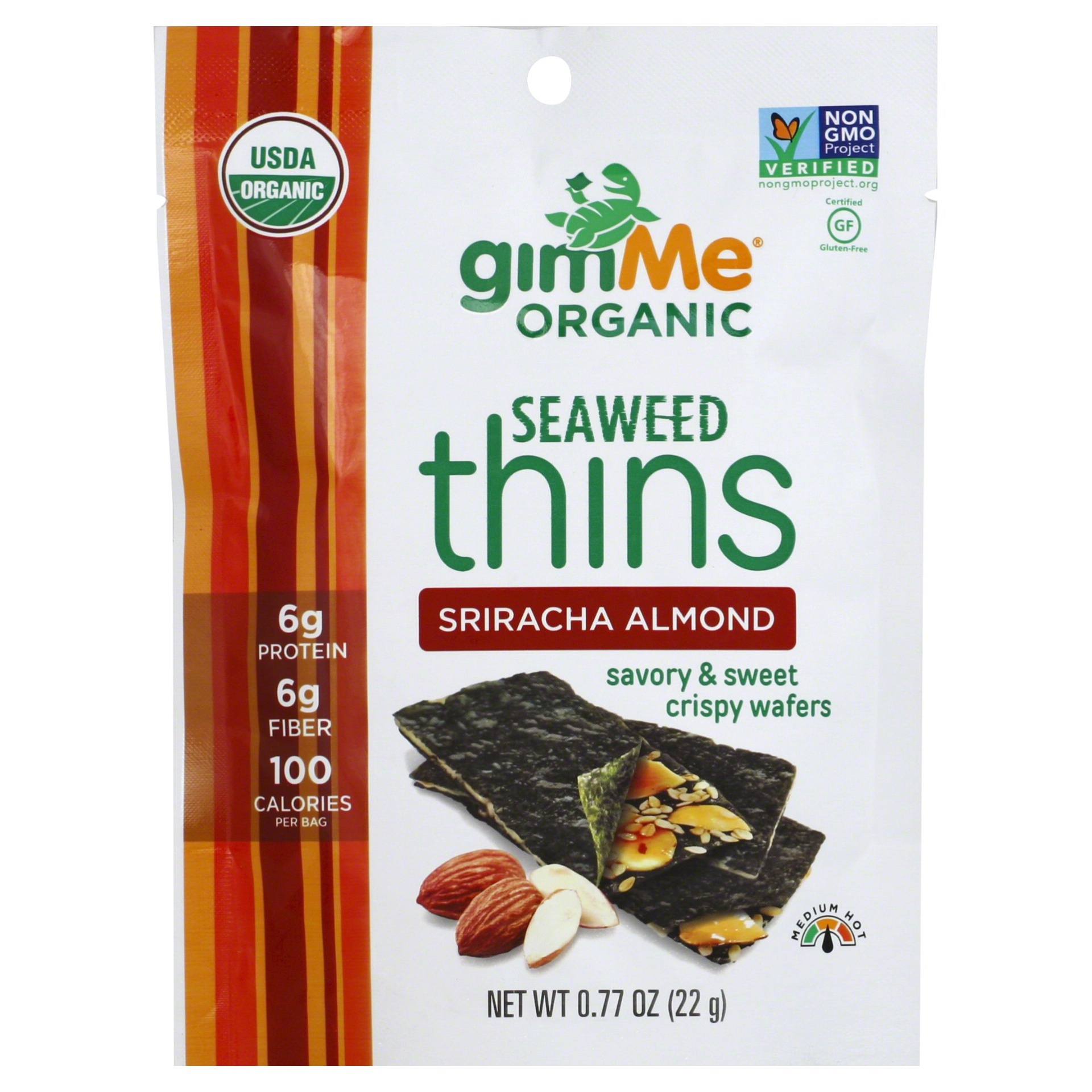 slide 1 of 1, gimMe Organic Seaweed Thins Sriracha Almond, 0.7 oz