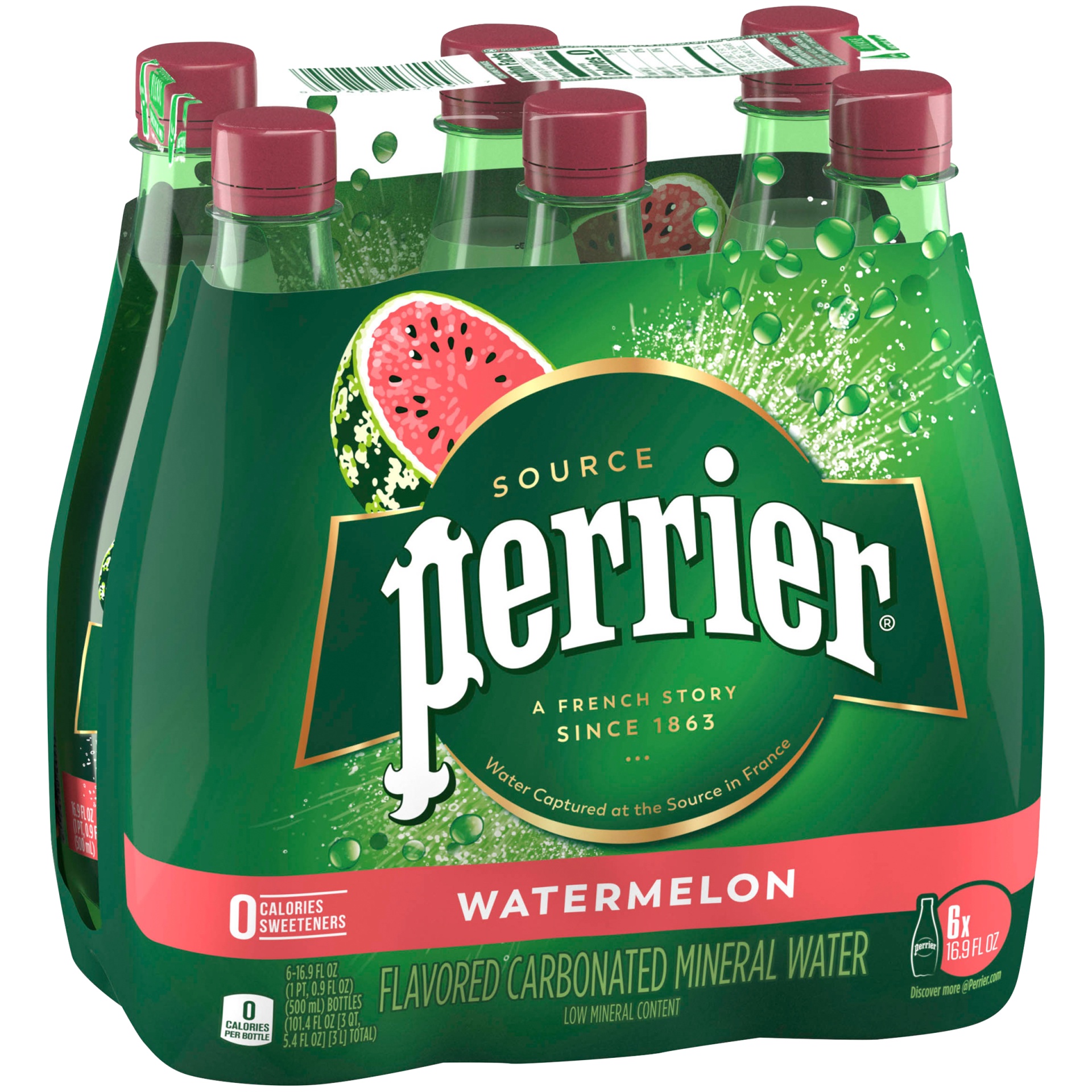 slide 2 of 9, Perrier Watermelon Flavored Carbonated Mineral Water Plastic, 6 ct; 16.9 fl oz