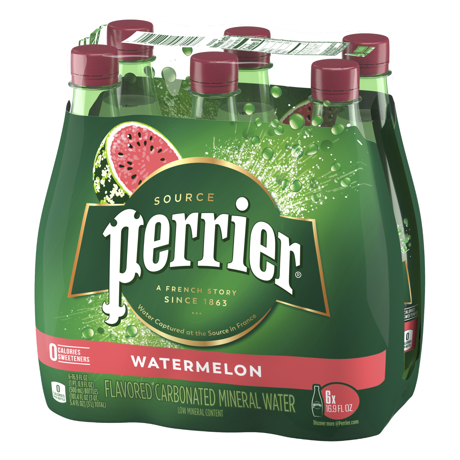 slide 3 of 9, Perrier Watermelon Flavored Carbonated Mineral Water Plastic, 6 ct; 16.9 fl oz