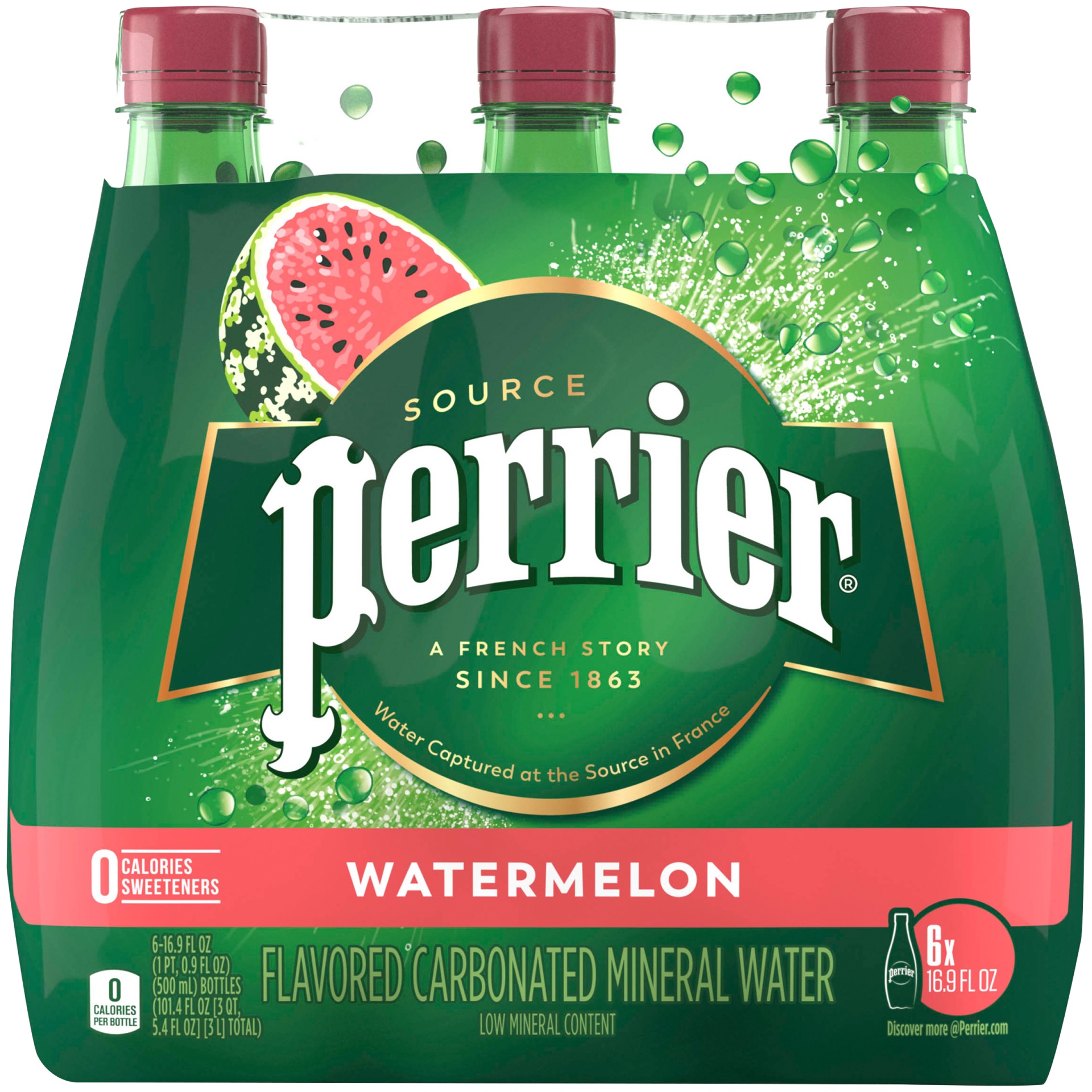 slide 1 of 9, Perrier Watermelon Flavored Carbonated Mineral Water Plastic, 6 ct; 16.9 fl oz