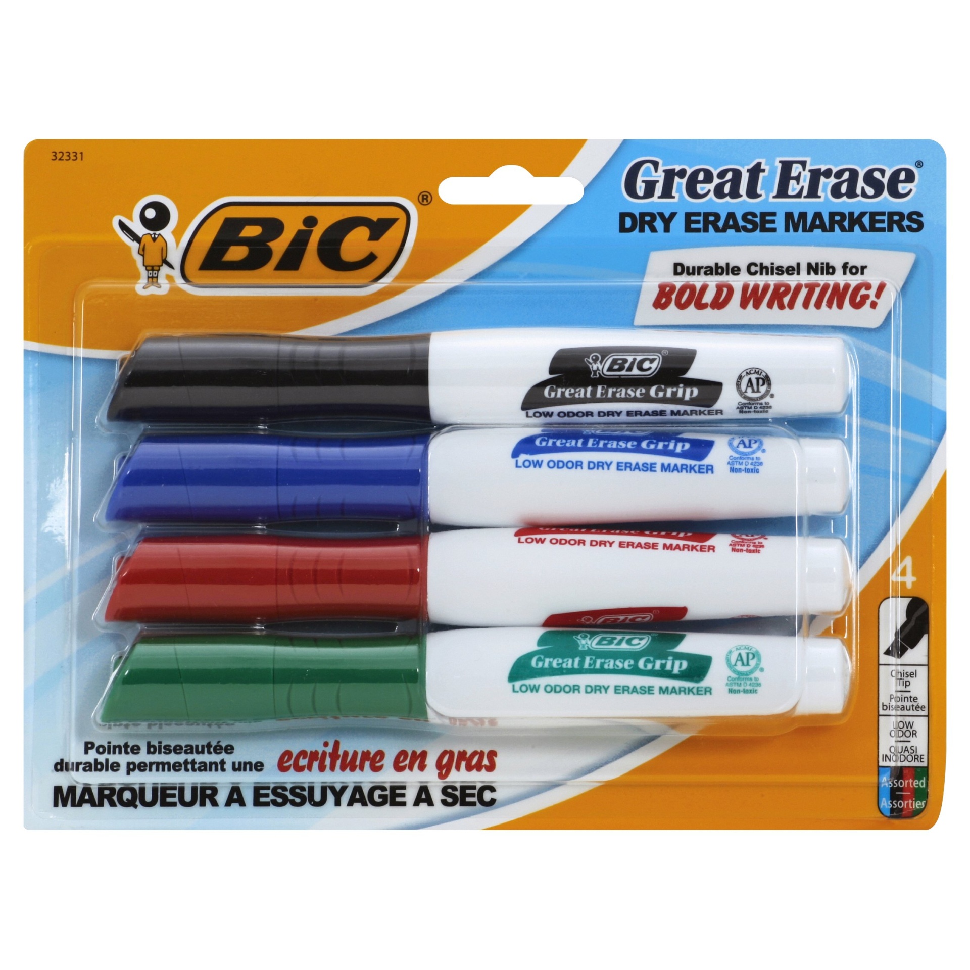 slide 1 of 1, BIC Great Erase Grip Dry Erase Marker, Tank Style, Chisel Tip, Assorted, 4 ct