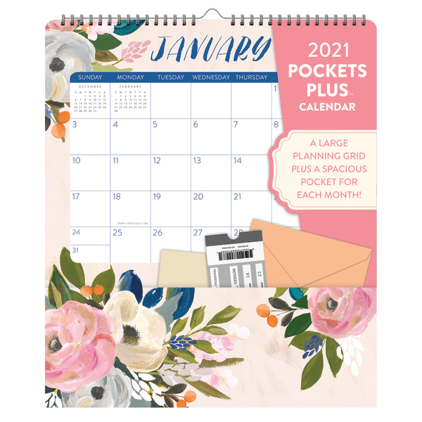 slide 1 of 3, Orange Circle Studio Monthly Pockets Plus Calendar, 13-3/4'' X 11-3/4'', Bella Floral, January To December 2021, 1 ct