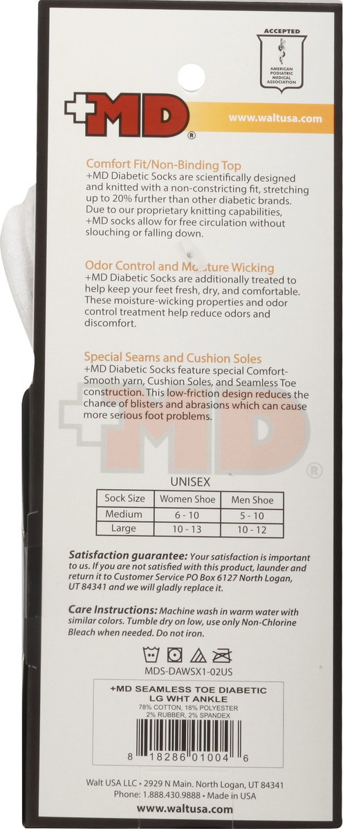 slide 8 of 8, +MD Md Socks Diabetic Seamless Toe Ankle Unisex Large White - Each, 1 ct