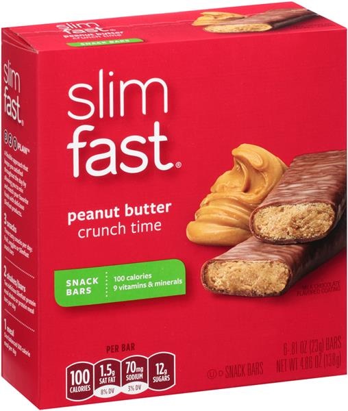 slide 1 of 1, SlimFast Peanut Butter Crunch Time Snack Bars, 6 ct