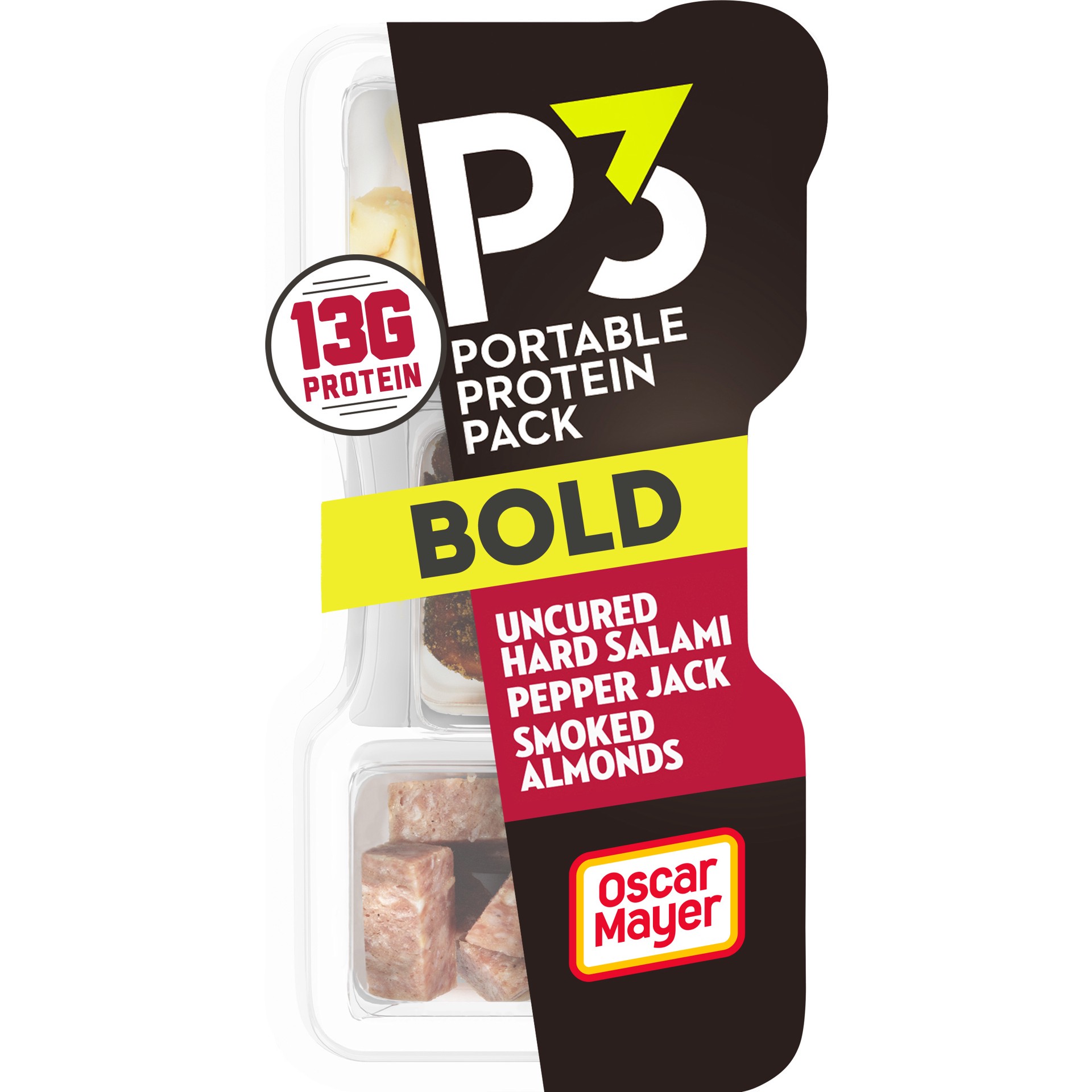 slide 1 of 9, P3 Bold Portable Protein Snack Pack with Uncured Hard Salami, Pepper Jack Cheese & Smoked Almonds, 2 oz Tray, 2 oz