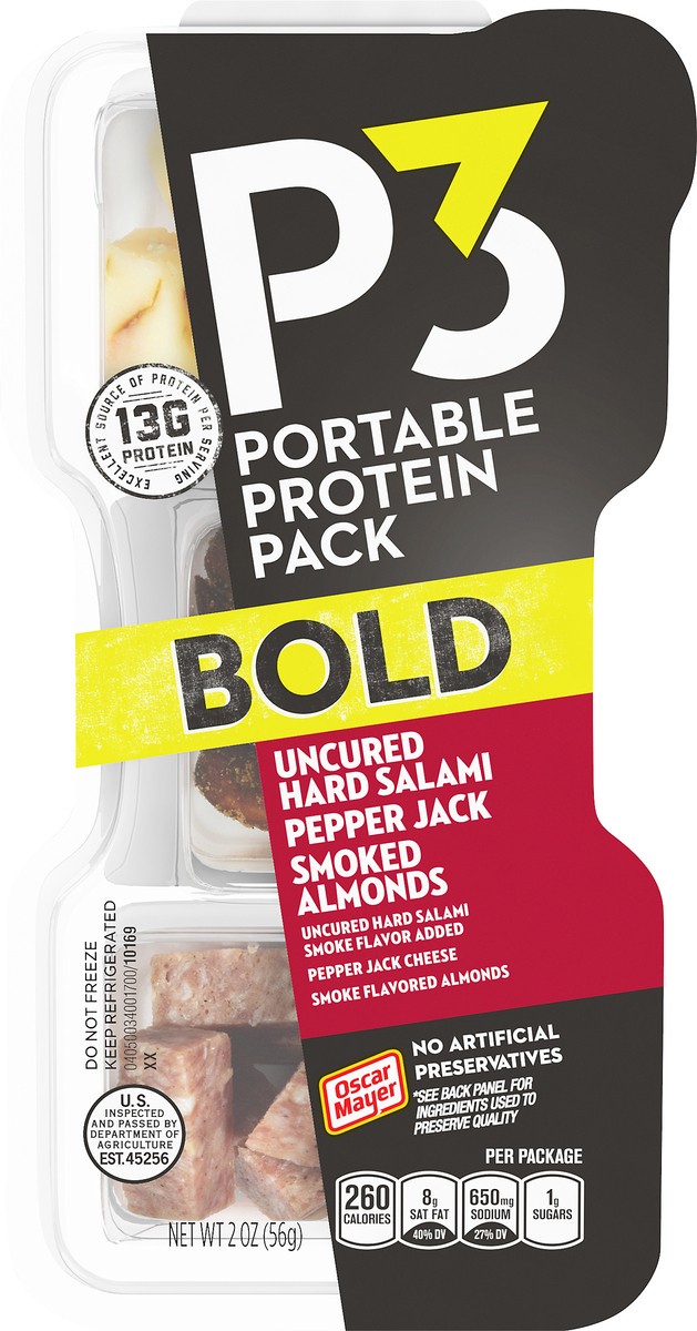 slide 8 of 9, P3 Bold Portable Protein Snack Pack with Uncured Hard Salami, Pepper Jack Cheese & Smoked Almonds, 2 oz Tray, 2 oz